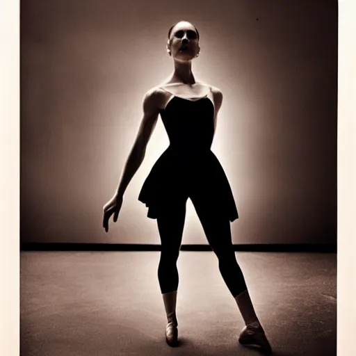 Image similar to cinematic dark photograph of a woman's head and shoulders, ballet pose, with retro futuristic cyborg elements photographed by bill henson