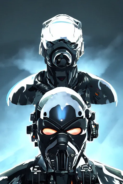 Image similar to cyber cyborg ninja mask helmet metal gear solid artic suit swat commando, global illumination ray tracing hdr fanart arstation by sung choi and eric pfeiffer and gabriel garza and casper konefal, a spectacular view cinematic rays of sunlight comic book illustration, by john kirby