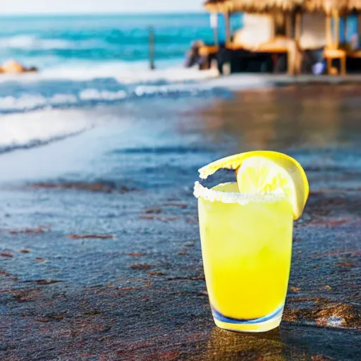 Prompt: a lemon with cool glasses in a sunny beach drinking a margarita