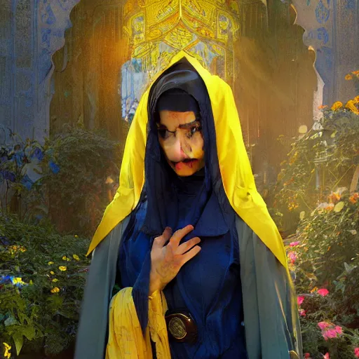 Prompt: portrait of a middle - eastern female cleric with straight black hair wearing blue and yellow vestments in an underground garden, fantasy, highly detailed, digital painting, artstation, concept art, character art, art by greg rutkowski and tyler jacobson and alphonse mucha