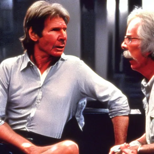 Image similar to movie still, 1 9 8 0 s, harrison ford and john carpenter talking