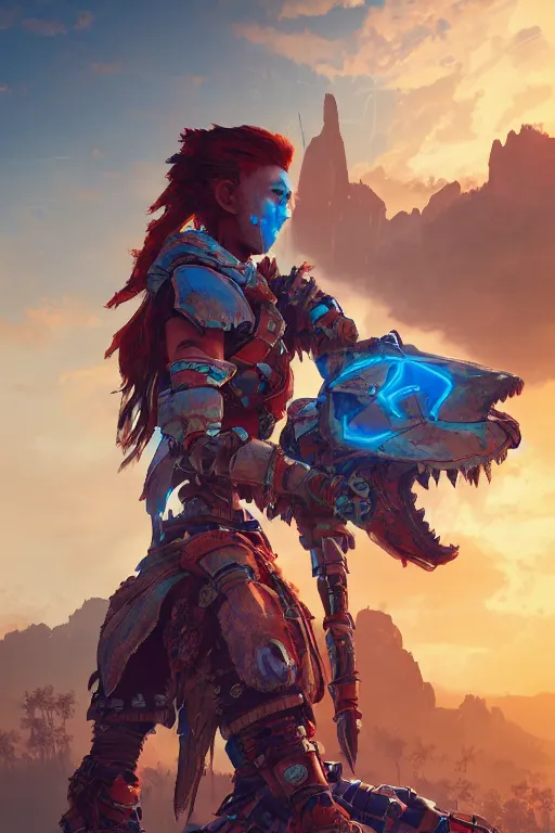 Image similar to combination suit armor aloy horizon forbidden west horizon zero dawn radiating a glowing aura global illumination ray tracing hdr fanart arstation by ian pesty and alena aenami artworks in 4 k tribal robot ninja mask helmet backpack