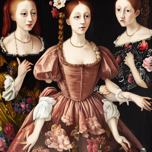 Prompt: renaissance, baroque oil painting of a group of creepy young ladies wearing renaissance long harajuku manga dress with flowers and skulls, background chaotic flowers