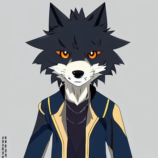 Image similar to key anime visual portrait of an anthropomorphic anthro wolf fursona, in a jacket, with handsome eyes, official modern anime art