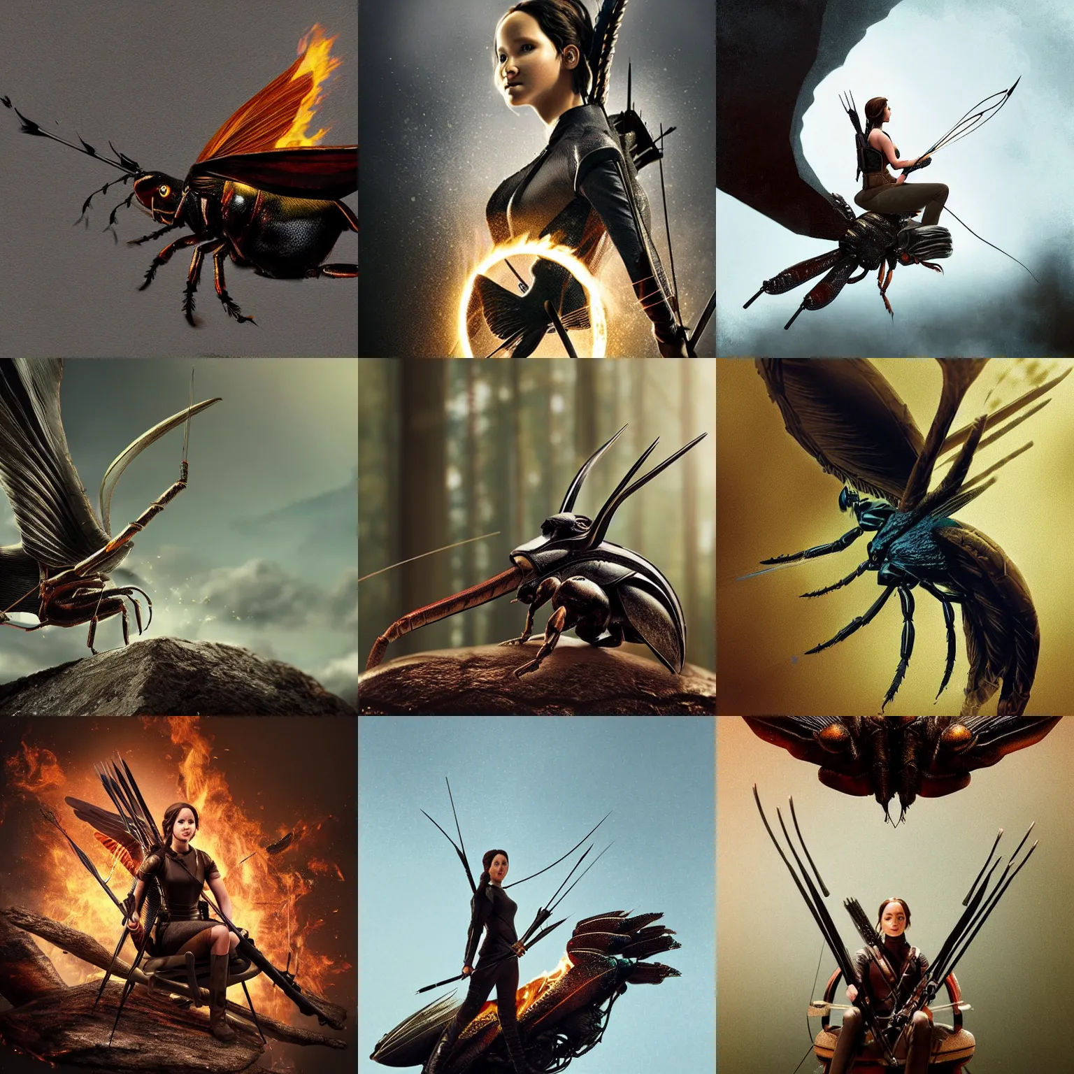 Prompt: katniss everdeen sits on a giant beetle, digital art by greg rutkowski, but as macro photography