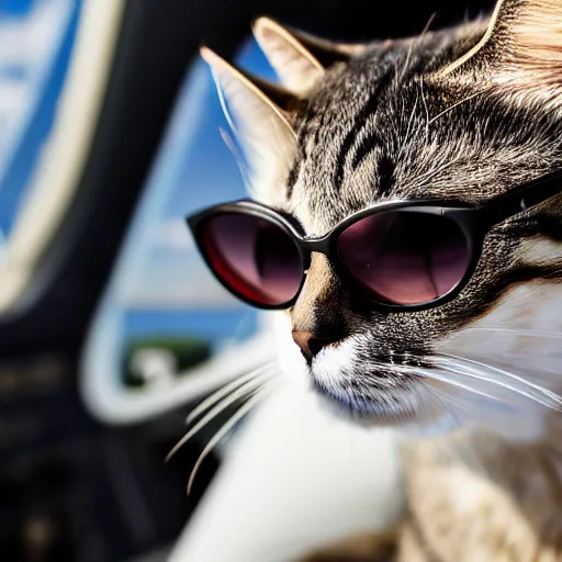 Prompt: photo of a cat wearing sunglasses piloting a plane, side shot, depth of field, highly detailed photo, Canon EOS 1300D, airplane cockpit