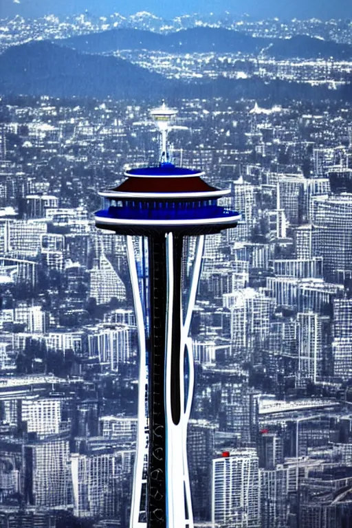 Image similar to space needle in photorealistic unreal render style, blue background