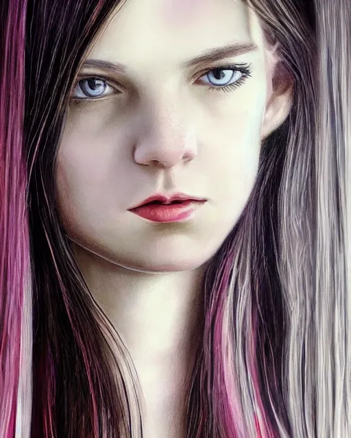 Prompt: a portrait of a beautiful young woman. as the pretty mentally insane young woman inquisitively smirks at you. slender, pretty and stunning young white woman with long straight hair wearing an English school uniform, with mental insanity imagines an image of a psychic energetic state of lucid reality. ultra detailed painting at 16K resolution and epic visuals. epically surreally beautiful image. amazing effect, image looks crazily crisp as far as it's visual fidelity goes, absolutely outstanding. vivid clarity. ultra. iridescent. mind-breaking. English school uniform-wearing young woman illustrated as a portrait. mega-beautiful pencil shadowing. beautiful face. brunette hair. wearing sleek eyeglasses. sultry blue eye. Ultra High Definition.