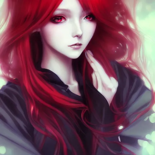 Image similar to facial portrait of a young pretty anime woman, long red hair, dark eyes, gothic eyeliner, character concept art, headshot, Charlie Bowater, Anna Dittmann, WLOP, Rumiko Takahashi, Akihiko Yoshida, Hyung-tae Kim, alexander mcqueen, trending on Artstation