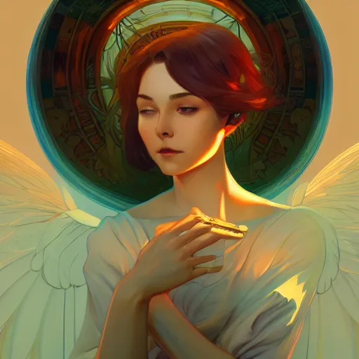 Prompt: the archangel of immortality, ambient lighting, 4 k, lois van baarle, ilya kuvshinov, rossdraws, alphonse mucha, jung gi kim, artstation