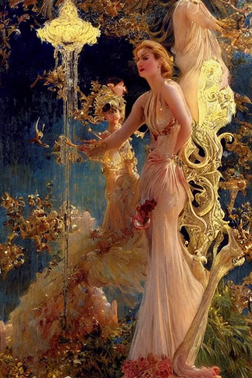 Image similar to Grace Kelly explaining the birds and the bees in the style of Gaston Bussière, art nouveau, art deco. Lush detail. Perfect composition and lighting. Surreal architecture from the future. A shaft of light illuminates her.