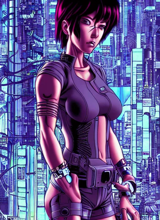 Image similar to motoko kusanagi in grungy cyberpunk megacity, intricate and finely detailed, cyberpunk vaporwave, portrait by j scott campbell, phil jimenez, ilya kuvshinov