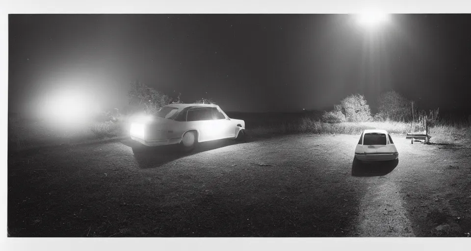 Image similar to a photograph of a UFO shining it’s light down on a car at night by Gregory Crewdson