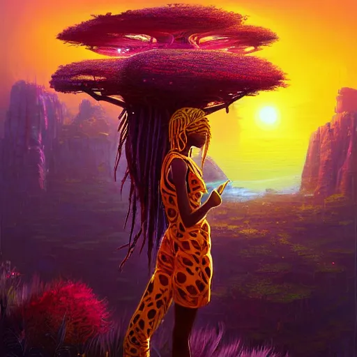 Image similar to an exotic african cyberpunk woman with colorful dreadlocks sitting on a cliff overlooking a field of colorful flowers with a giant glowing baobab tree in the middle, it is sunset, by greg rutkowski and android jones and Alena Aenami in a surreal cyberpunk! style, oil on canvas, 8k hd,