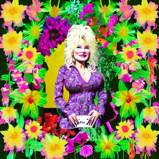 Prompt: flower child, Dolly Parton, graphic design