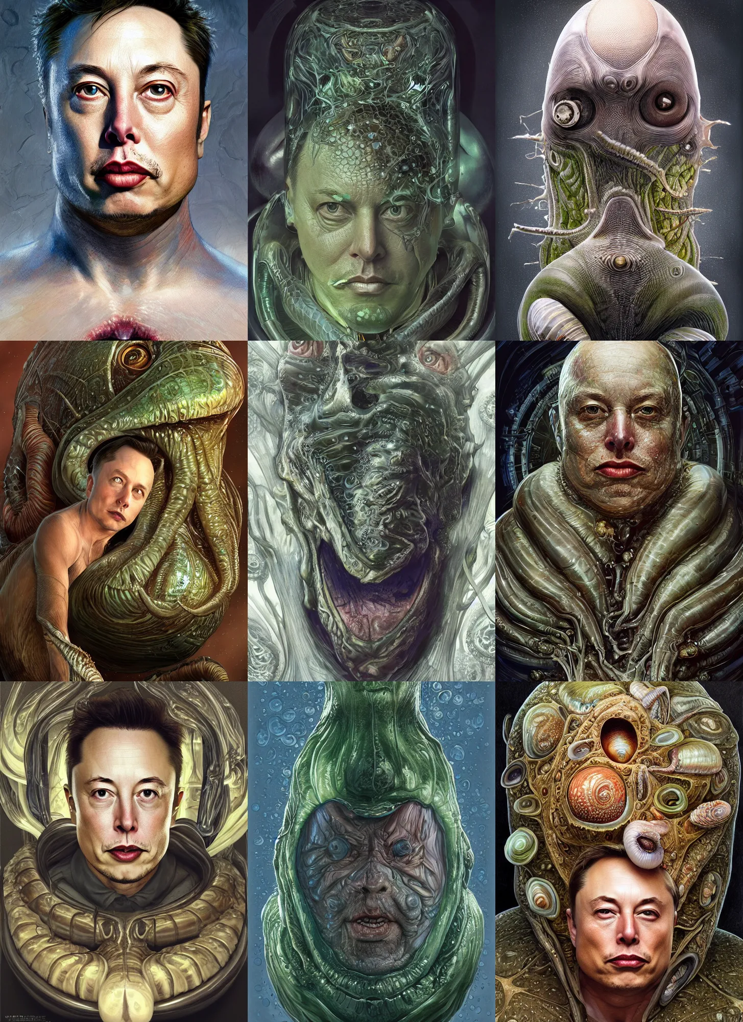 Prompt: hyperrealistic cell shaded por! dream elon musk as mollusk, slime, drool, portrait, intricate, elegant, highly detailed, digital painting, artstation, concept art, wallpaper, smooth, sharp focus, illustration, art by h. r. giger and artgerm and greg rutkowski and alphonse mucha