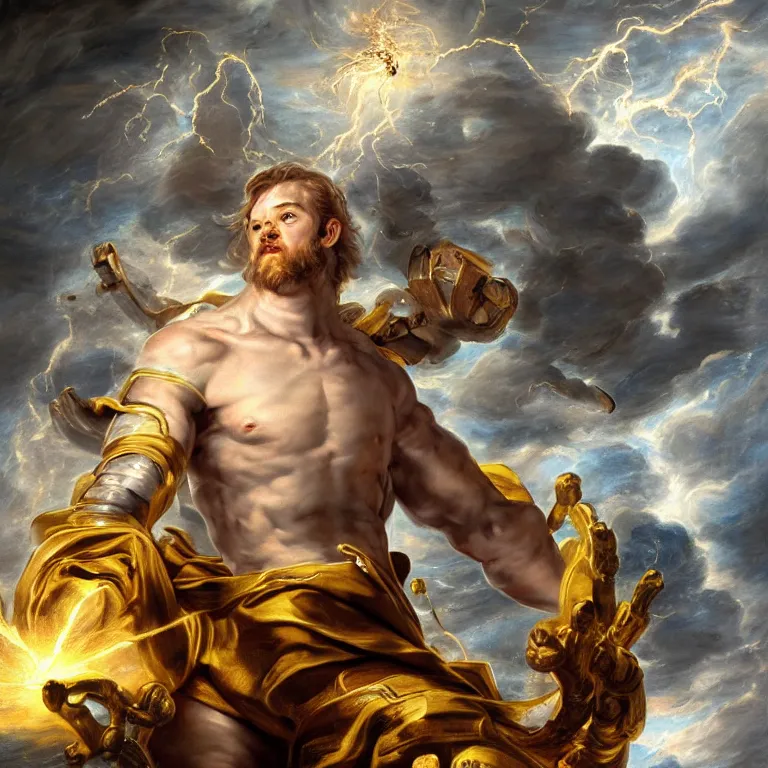 Prompt: mythological god of thunder and artificial intelligence creating an artificial neural network with dark yellow synapses on an anvil, high resolution, award winning art, trending on art station, sharp image, incredibly detailed, god of thunder detailed character realistic painting, painting by peter paul rubens
