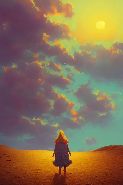 Image similar to giant corn flower head, girl walking in the desert, surreal photography, sunrise, dramatic light, impressionist painting, colorful clouds, digital painting, artstation, simon stalenhag