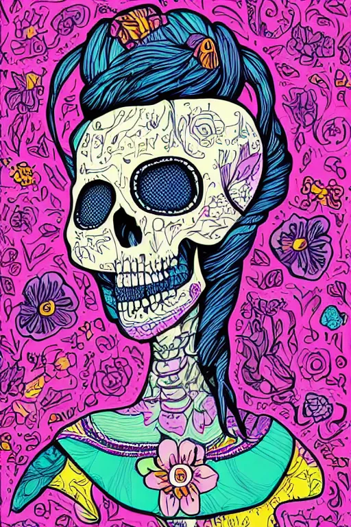 Image similar to portrait of a flower skeletor girl, art by milka oxana, sticker, colorful, illustration, highly detailed, simple, smooth and clean vector curves, no jagged lines, vector art, smooth