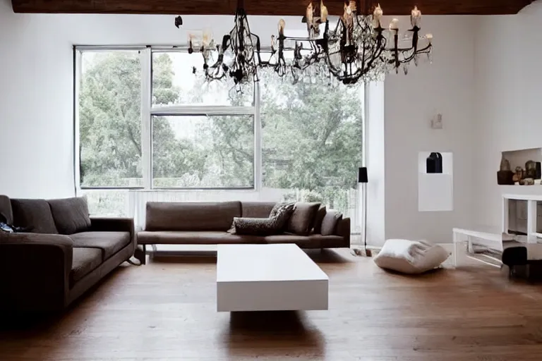 Image similar to Minimalistic Livingroom with a staircase, wooden floor, white L shaped couch, wooden coffee table, Big chandelier, Big Windows,