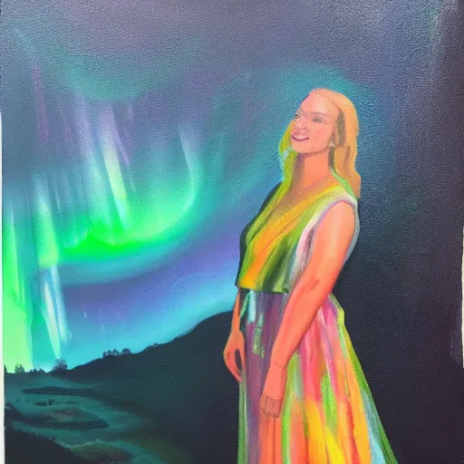 Prompt: a professional painting of a woman wearing a summer dress, the dress looks like the northern lights, 4 k