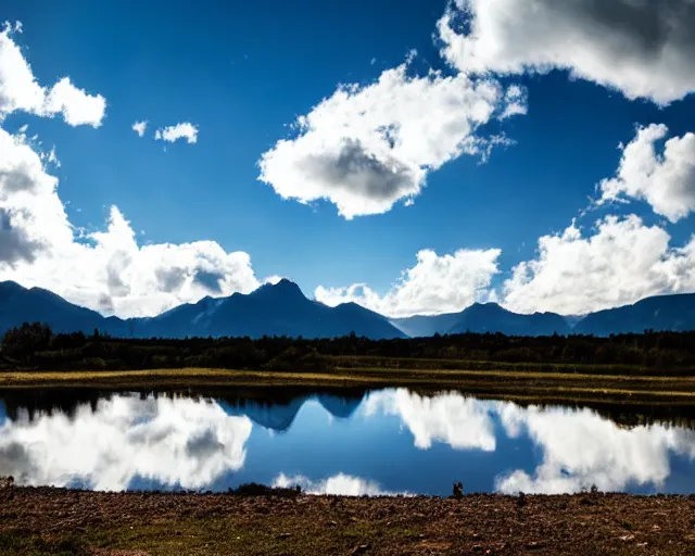 Image similar to mountains with a small lake, clouds in the sky, water reflecting suns light, dramatic landscape mode made by Clay Collier