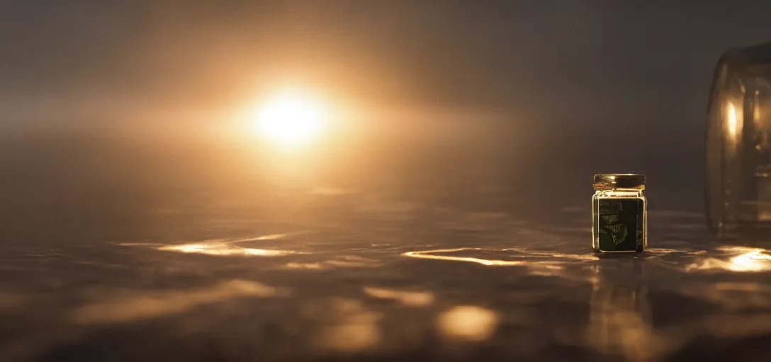 Prompt: a close - up of an nvidia gpu preserved in a jar of olive oil, foggy, sun rays, cinematic shot, photo still from movie by denis villeneuve, wayne barlowe