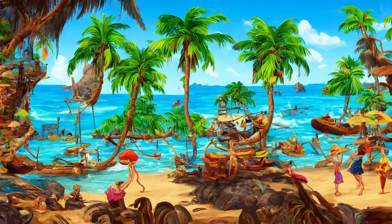 Image similar to a tropical beach scene, The curse of monkey island, animation, high detail, colorful
