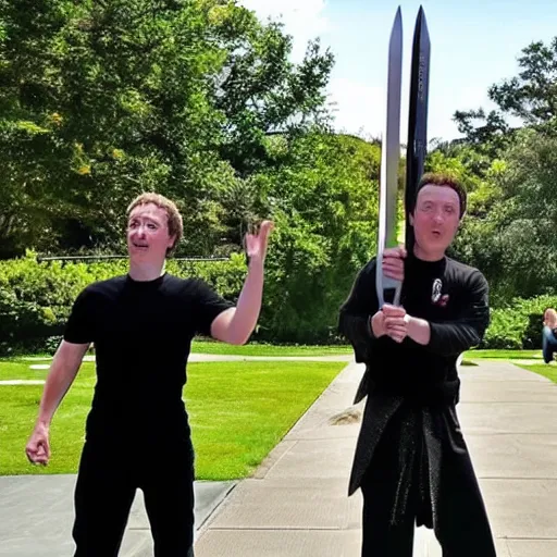 Image similar to mark Zuckerberg sword fighting with Elon musk in robotic samurai armor