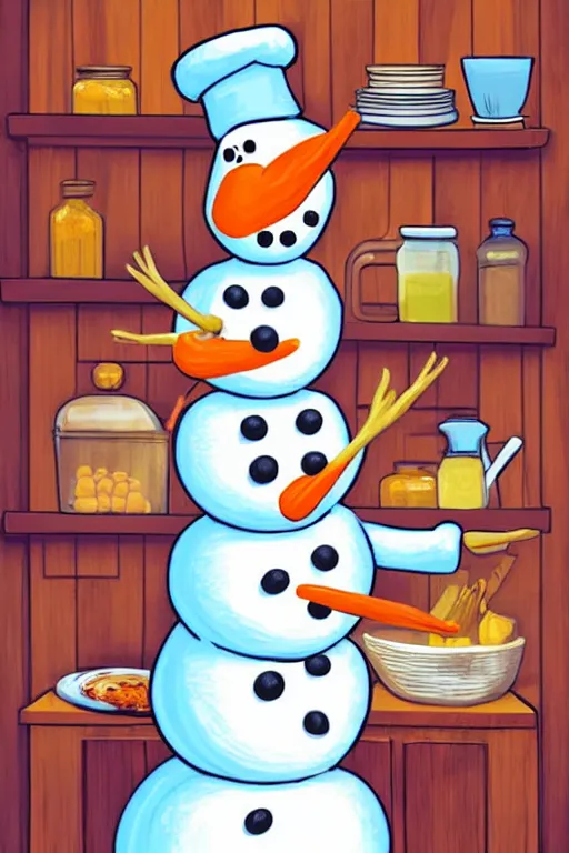 Prompt: illustration for a story that reads : in the kitchen, wearing an apron and a chef's hat, is olaf the snowman, ready to cook up a feast. he loves to make breakfasts of eggs and toast, and he always uses lots of butter., colorful, fantasy, pixar, childrens book illustration, sharp high detail, manga and anime ( 2 )