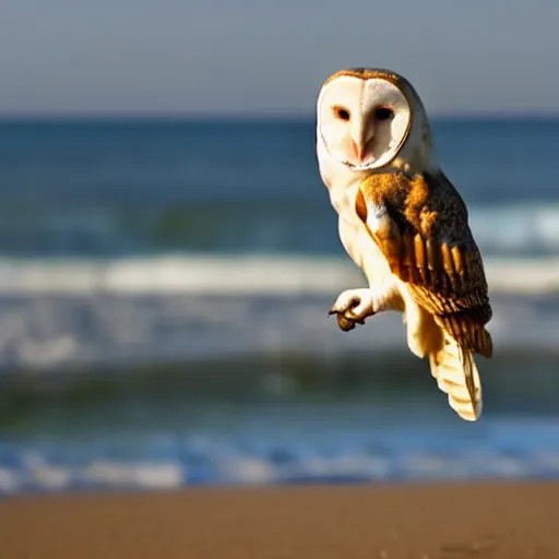 Prompt: barn owl in a beach, canon photo, very detailed, winning award photo, golden hour