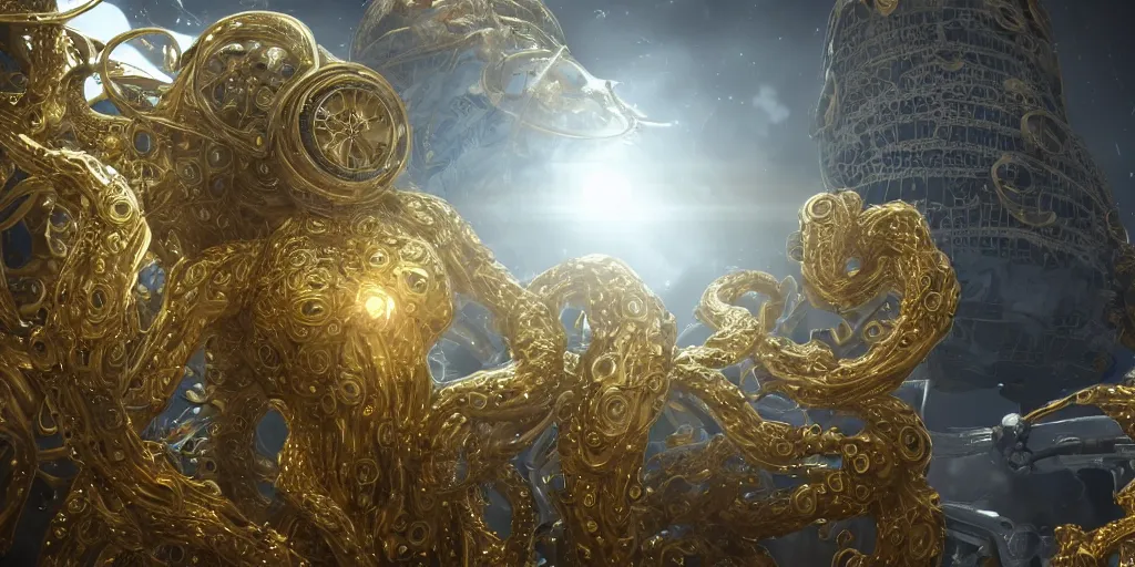 Prompt: a photo of 8k ultra realistic nanotech lovecraftian golden humanoid queen standing next to a spaceship window overlooking earth, 8 intricate white and gold tentacles, ornate white and gold armour, cinematic lighting, trending on artstation, 4k, hyperrealistic, focused, extreme details, unreal engine 5, cinematic, masterpiece