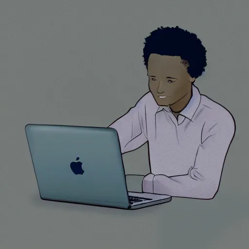 Image similar to fantasy image of lightskinned black man with short hair sitting at a desk, using a macbook, dreamy, pastel, digital illustration, intricate details