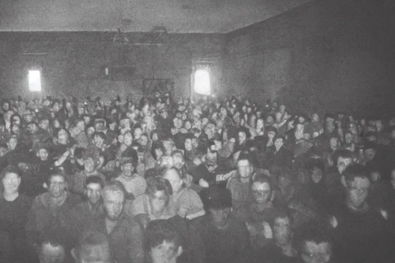 Image similar to photo of a room of people staring at a live demon, the vibe is eerie, the image is low quality and in color, it was found on the deep web.