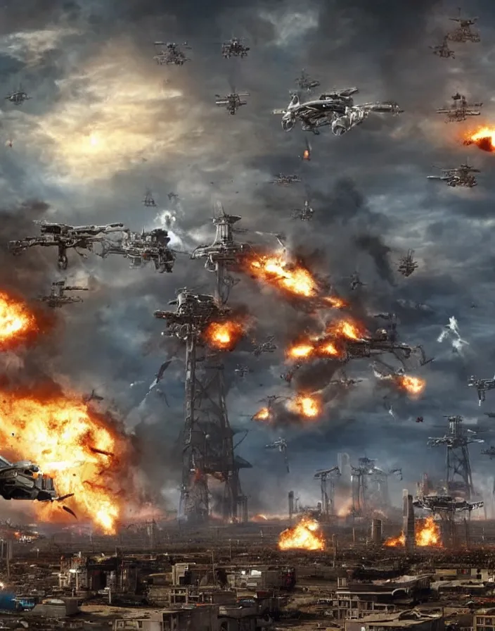 Image similar to giant robotic aliens attacking city, people watch from oil rig platform they have fled the city and watch as it burns, helicopters and fighter jets flying by shooting at the giant robotic aliens, clone army destroying humans in the city, humans vs the robots, in the style of terminator salvation