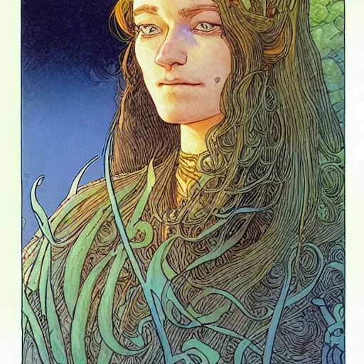 Image similar to a beautiful portrait of sanna!!!!! marin!!!!!, the young female prime minister of finland as a druidic wizard by rebecca guay, michael kaluta, charles vess and jean moebius giraud