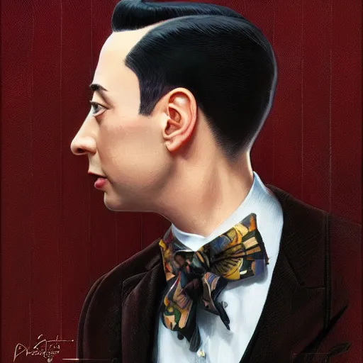 Prompt: portrait of Pee Wee Herman, elegant, intricate, headshot, highly detailed, digital painting, artstation, concept art, sharp focus, illustration, art by artgerm and greg rutkowski and alphonse mucha