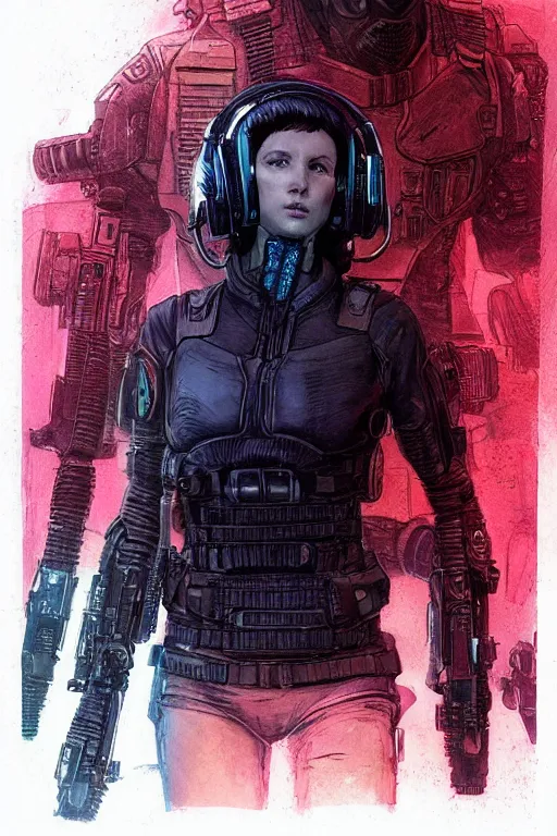 Prompt: Sonya. blackops mercenary in near future tactical gear, stealth suit, and cyberpunk headset. Blade Runner 2049. concept art by James Gurney and Mœbius.