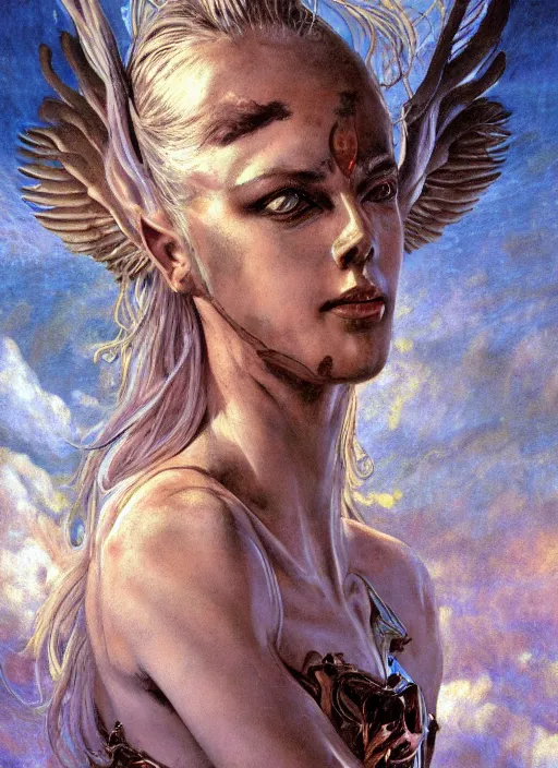 Image similar to biblical diabolical beautiful female valkyree android, on a pegasus, jump, heavy eyes to the side, closeup, bright glowing veins, in clouds, rain, sunset, portrait, by gerald brom, by mikhail vrubel, by peter elson, muted colors, extreme detail, reflections, trending on artstation, 8 k