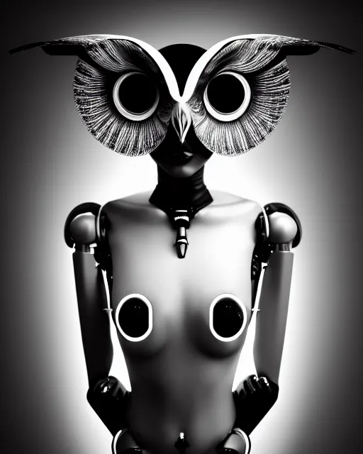 Image similar to surreal mythical dreamy dark artistic black and white fine art 3 / 4 fashion portrait photo of a young beautiful delicate female robot with orchid - owl face, rim light, cinematic, studio dramatic light, poetic, masterpiece, octane render, 8 k, photo - realistic by hg giger and man ray