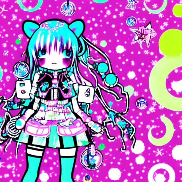 Prompt: cybergoth decora glitchcore yokai girl, sanrio ornaments, pastel cute cinematography