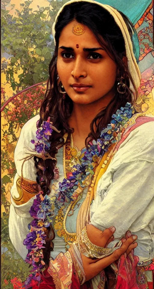 Prompt: close up a beautiful Indian doctor in Texas, sun shining, photo realistic illustration by greg rutkowski, thomas kindkade, alphonse mucha, loish, norman rockwell.