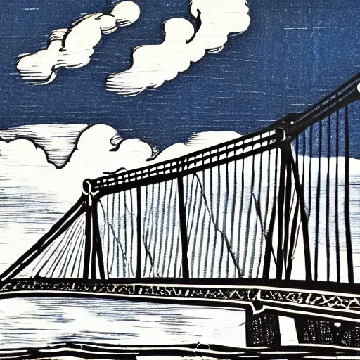 Image similar to small steel suspension bridge built in 1 9 2 8, side view, puffy clouds in background, woodcut style, 8 k