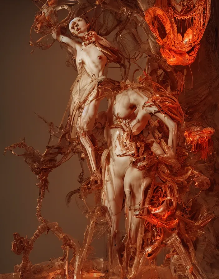 Prompt: biomechanical wear dress of a demon by Roberto Ferri. beautiful woman. vintage bulb. red plastic. baroque elements, human skull, jellyfish, butterfly, phoenix head. burning water. intricate artwork by Tooth Wu and wlop and beeple and dan mumford and greg rutkowski and nekroxiii. halo. octane render, cinematic, hyper realism, octane render, 8k, depth of field, bokeh. iridescent accents. vibrant. teal and gold and red colour scheme