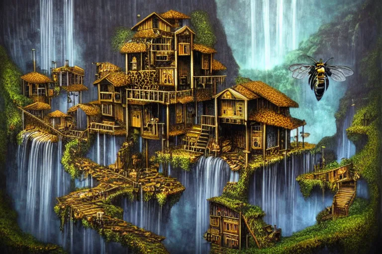 Image similar to gothic escher waterfall favela honeybee hive, subconscious environment, industrial factory, award winning art, epic dreamlike fantasy landscape, ultra realistic,