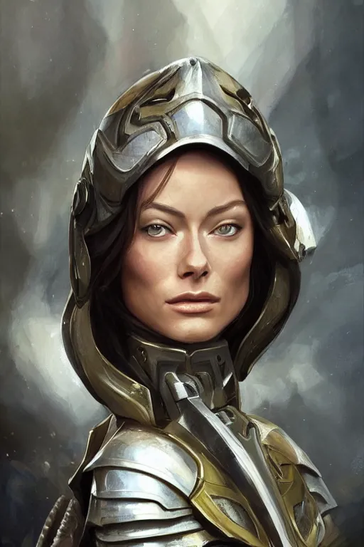 Image similar to a professional painting of a young Olivia Wilde, clothes in military armor, olive skin, long dark hair, beautiful bone structure, symmetrical facial features, intricate, elegant, digital painting, concept art, smooth, sharp focus, illustration, from StarCraft by Ruan Jia and Mandy Jurgens and Artgerm and William-Adolphe Bouguerea