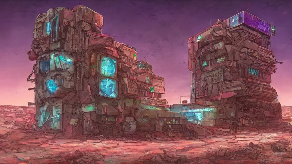 Image similar to an apocalyptic cyberpunk building on mars, pastel, colorful, bright, cartoony, digital art