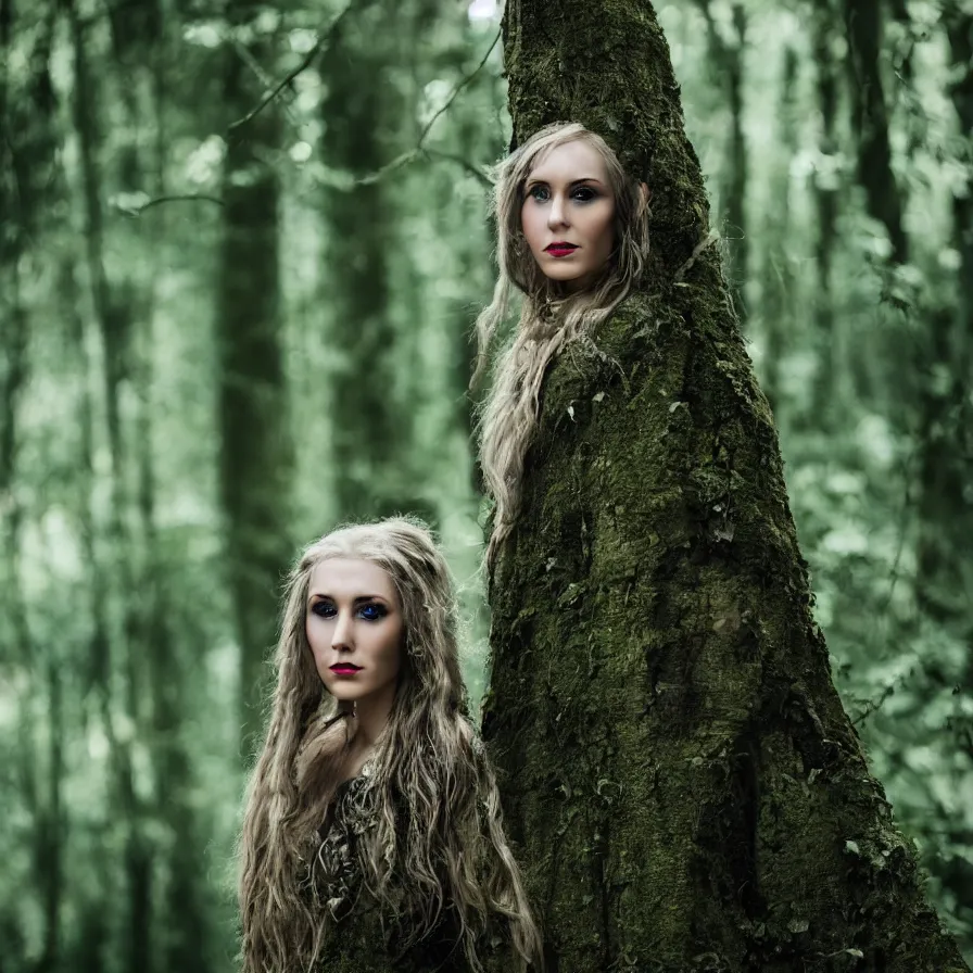 Image similar to A portrait of a beautiful and dangerous Elven Queen in her forest; natural light; f/1.4; 90mm