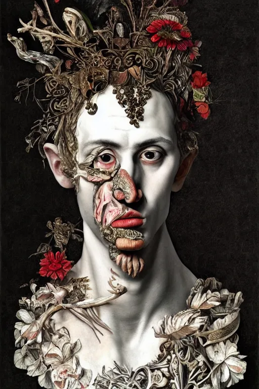 Prompt: Detailed maximalist portrait a Greek god with large lips and with large white eyes, exasperated expression, botany bones, HD mixed media, 3D collage, highly detailed and intricate, surreal illustration in the style of Caravaggio, dark art, baroque