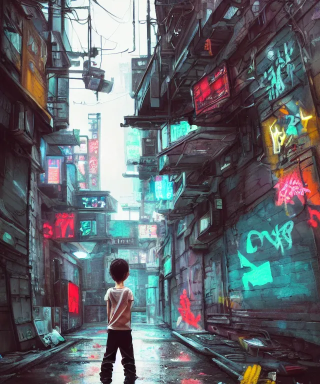 Image similar to a highly detailed contemporary painting of a tiny boy in a Jumpsuit standing in a dark alley, abandoned buildings with graffiti, a nightclub with neon sign, menacing skyline by Studio Ghibli, Makoto Shinkai, by Artgerm, by WLOP, by Greg Rutkowski, volumetric lighting, cyberpunk, octane render, 4K resolution, trending on artstation, masterpiece